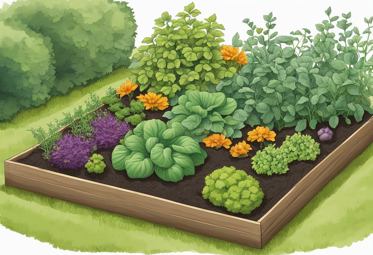 A pile of mulch surrounds healthy, thriving vegetable plants in a well-tended garden bed