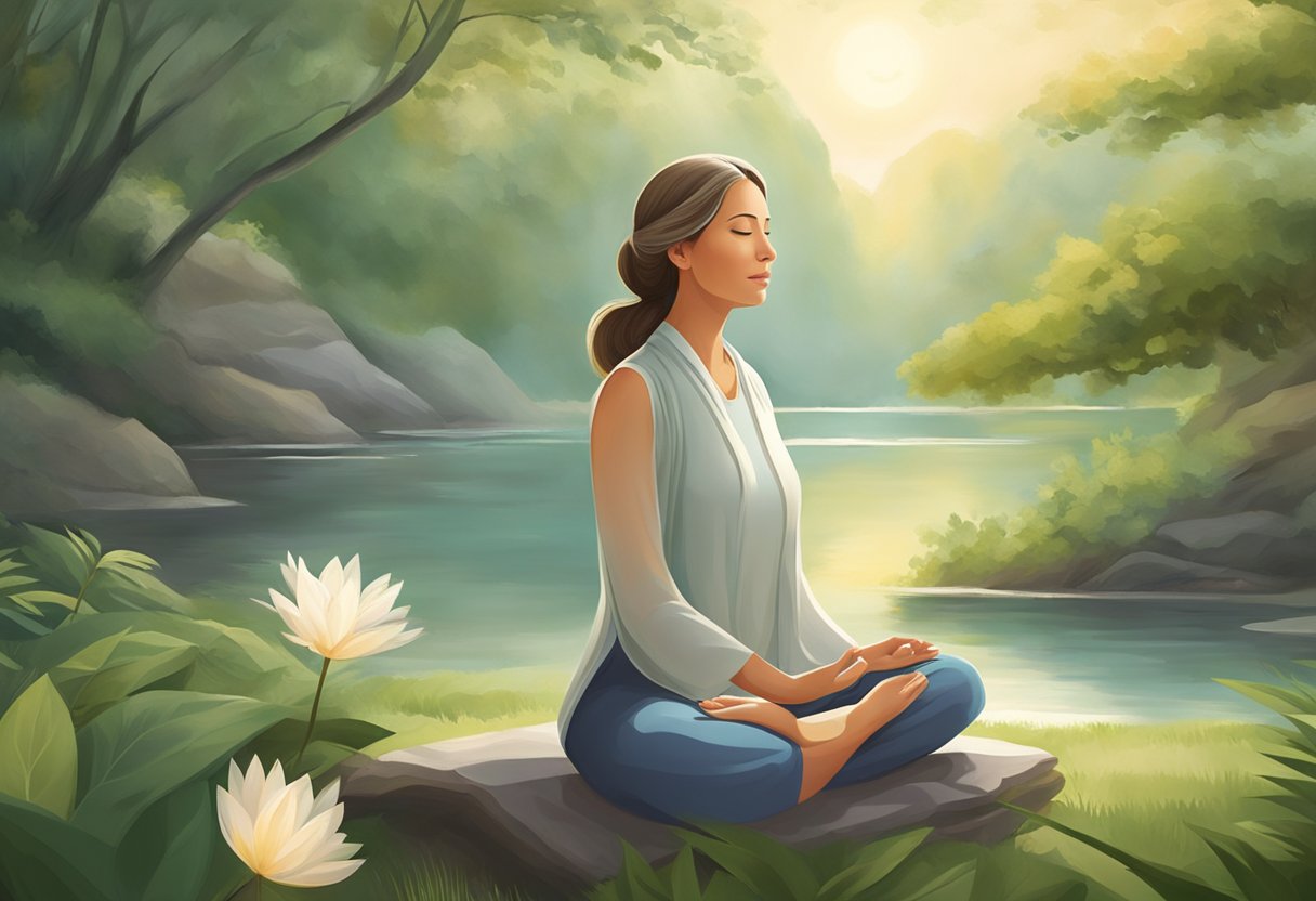 A serene woman sits in meditation, surrounded by calming nature. Her aura radiates peace and acceptance, symbolizing the spiritual journey through menopause