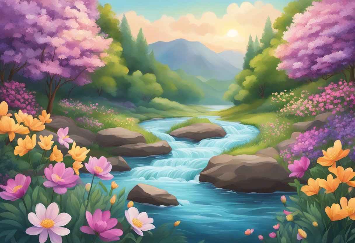 A serene, flowing river symbolizing the transition of menopause, surrounded by vibrant, blooming flowers representing inner peace and spiritual growth