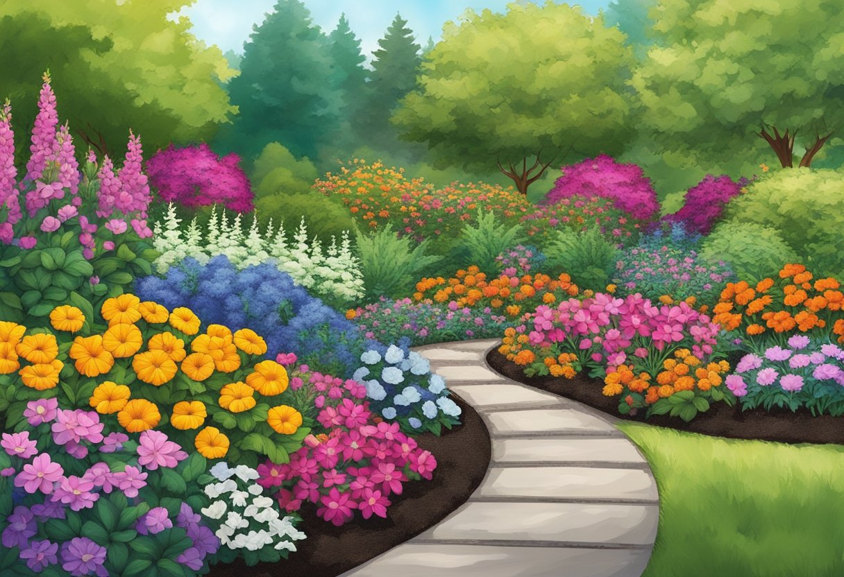 A flower bed filled with vibrant flowers surrounded by rubber mulch, offering weed control, moisture retention, and durability for long-lasting beauty