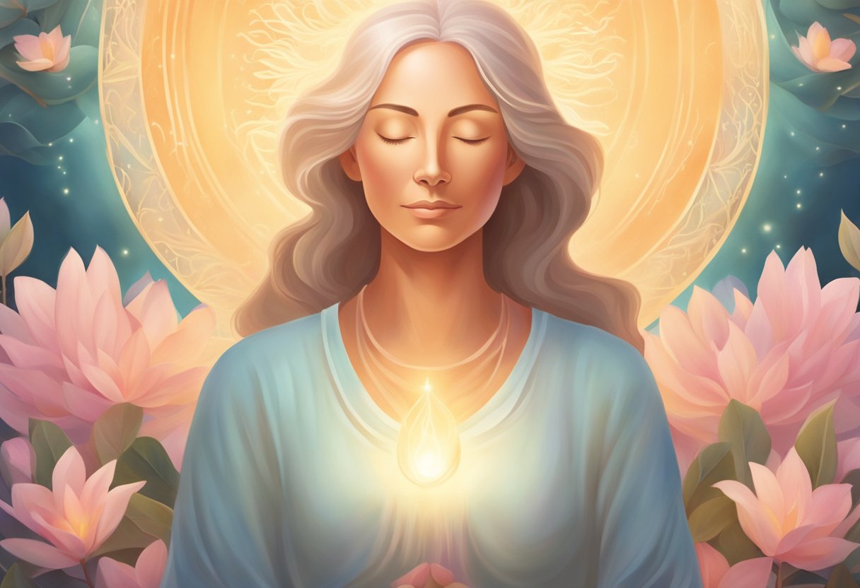 A serene, glowing figure surrounded by soft, warm light, symbolizing inner peace and spiritual growth during menopause