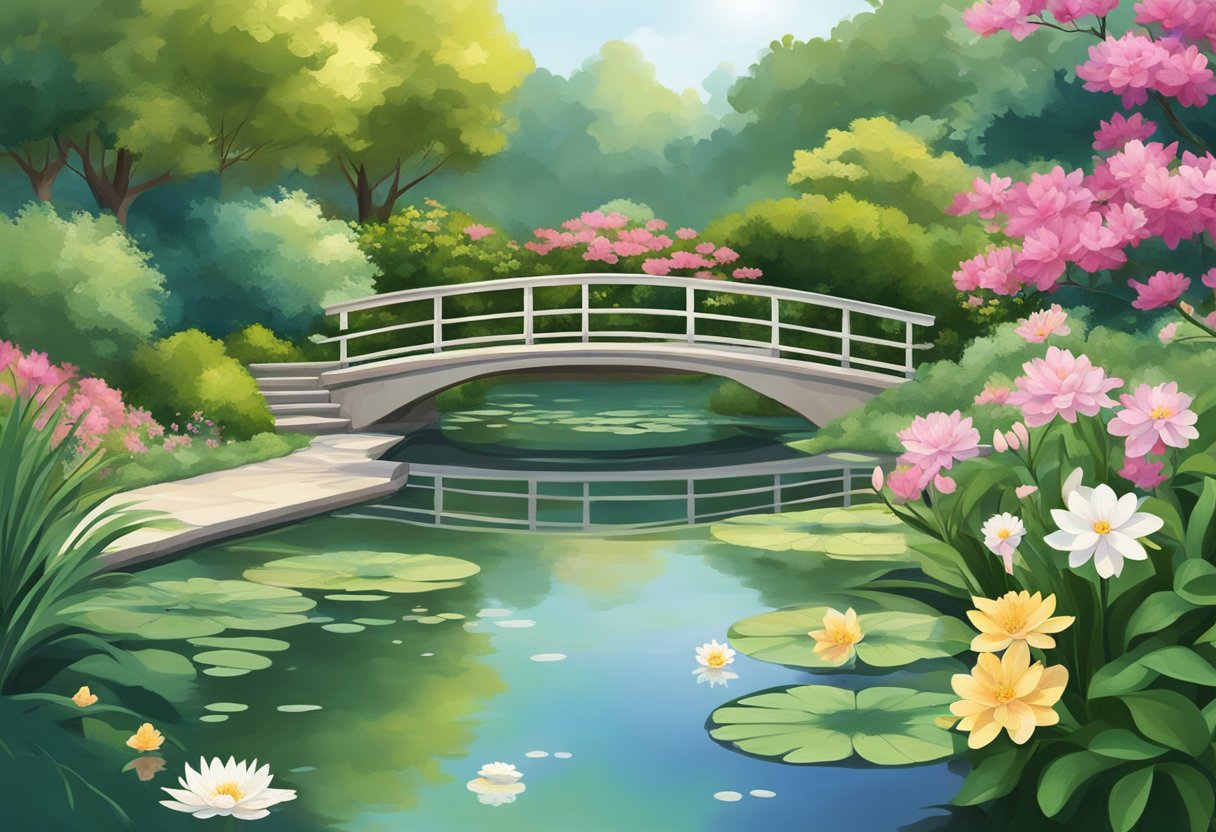 A serene garden with blooming flowers and a tranquil pond reflects inner peace and spiritual transformation during menopause