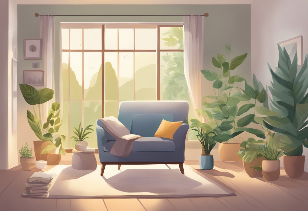 A calm, serene setting with soft lighting and comfortable seating. A book open to a page on menopause and spirituality. A peaceful atmosphere with plants and natural elements