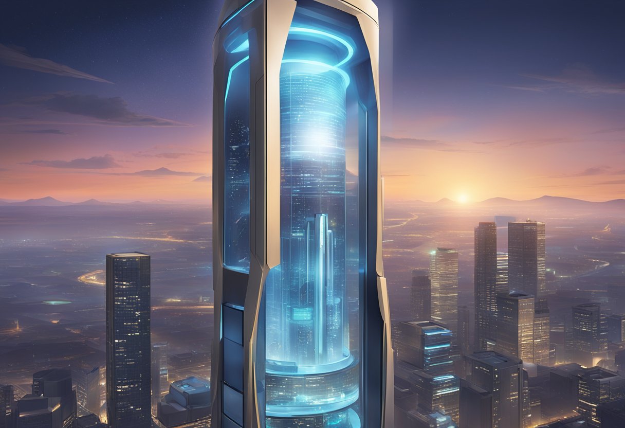 The IoTA Virtual Watch Tower stands tall, with sleek, futuristic design and glowing digital displays, overlooking a bustling cityscape below