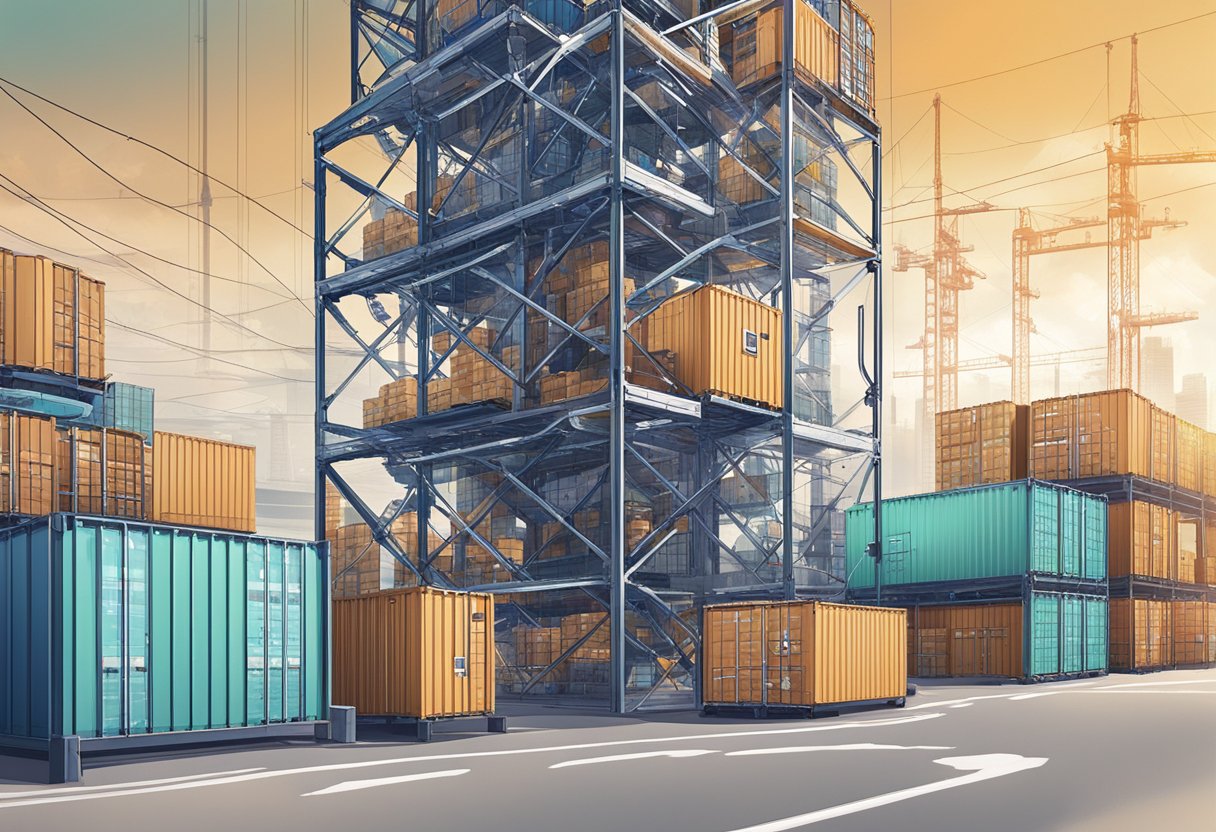 A virtual watch tower overlooks a supply chain, with IoTA technology tracking and monitoring the flow of goods and information