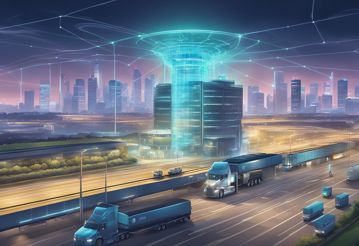 A virtual watch tower overlooks a bustling logistics and transportation hub, monitoring IoTA innovations in real-time