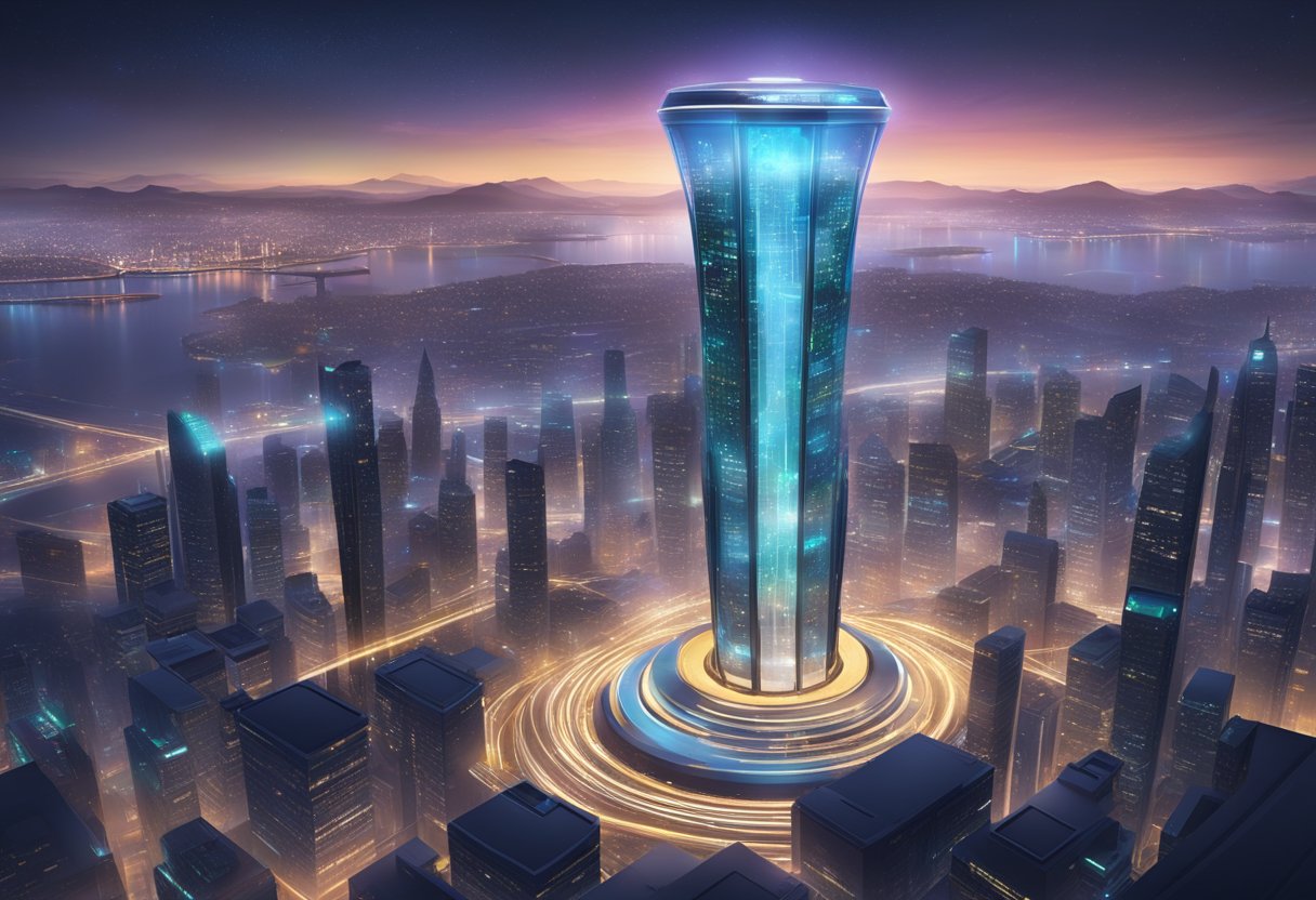 A futuristic IoTA virtual watch tower overseeing a bustling cityscape at night, with holographic data streams and digital interfaces