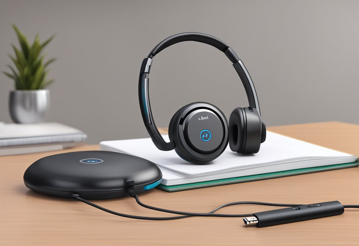 A sturdy Bluetooth headset sits atop a desk, showcasing its durable build quality