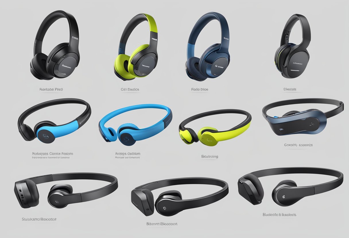 Multiple Bluetooth headsets arranged on a desk, with labels showing brand and model names for comparison