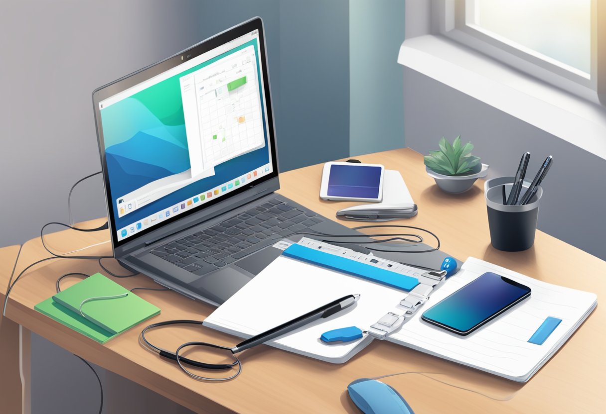 A desk with a laptop, notepad, and pen. A sleek Bluetooth headset rests on the desk, with a charging cable nearby