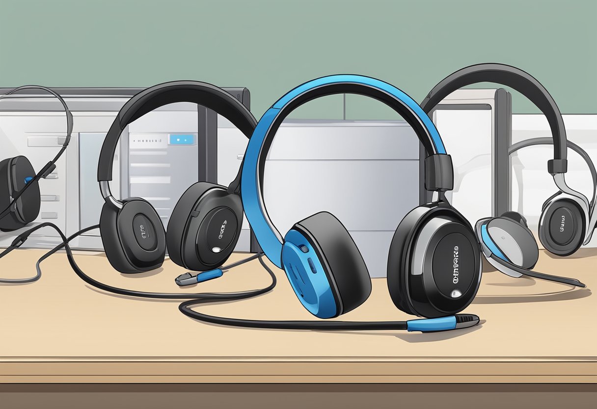 A row of Bluetooth headsets with "Support and Warranty" labels, displayed on a work desk