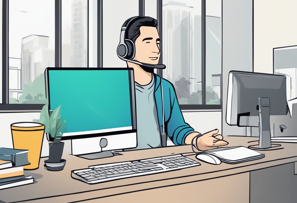 A desk with a computer, phone, and Bluetooth headset. A person working at the desk. A speech bubble with "Frequently Asked Questions best Bluetooth headsets for work" above the headset