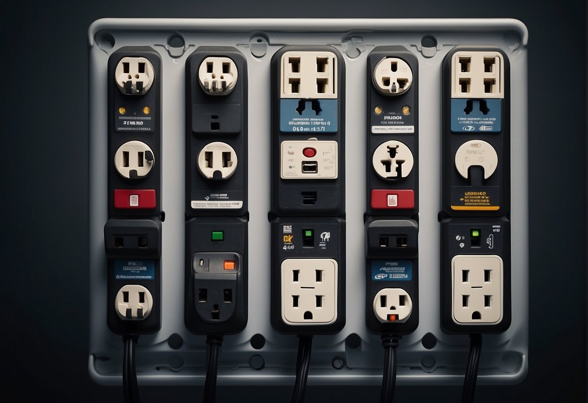 Global power outlets with various plug standards. Converters needed for compatibility