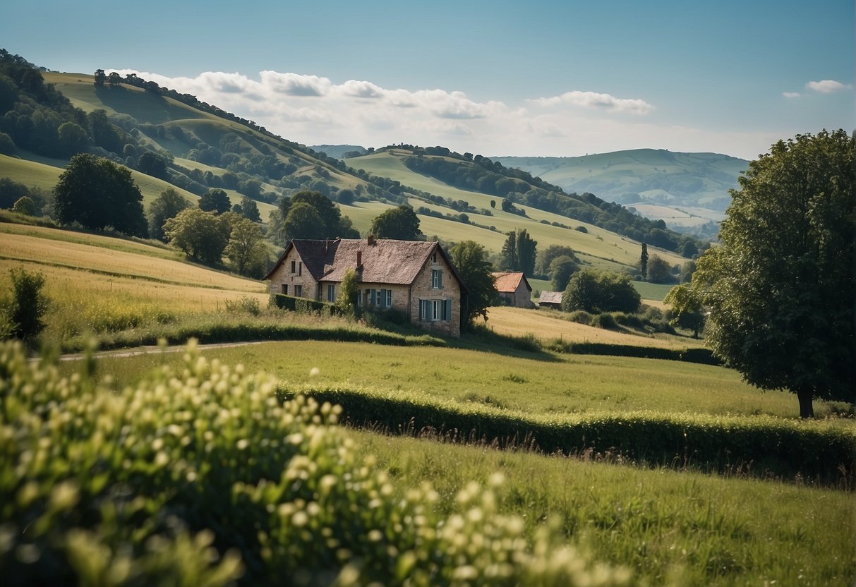 A serene countryside with a small house nestled among rolling hills and lush greenery, with a clear blue sky overhead