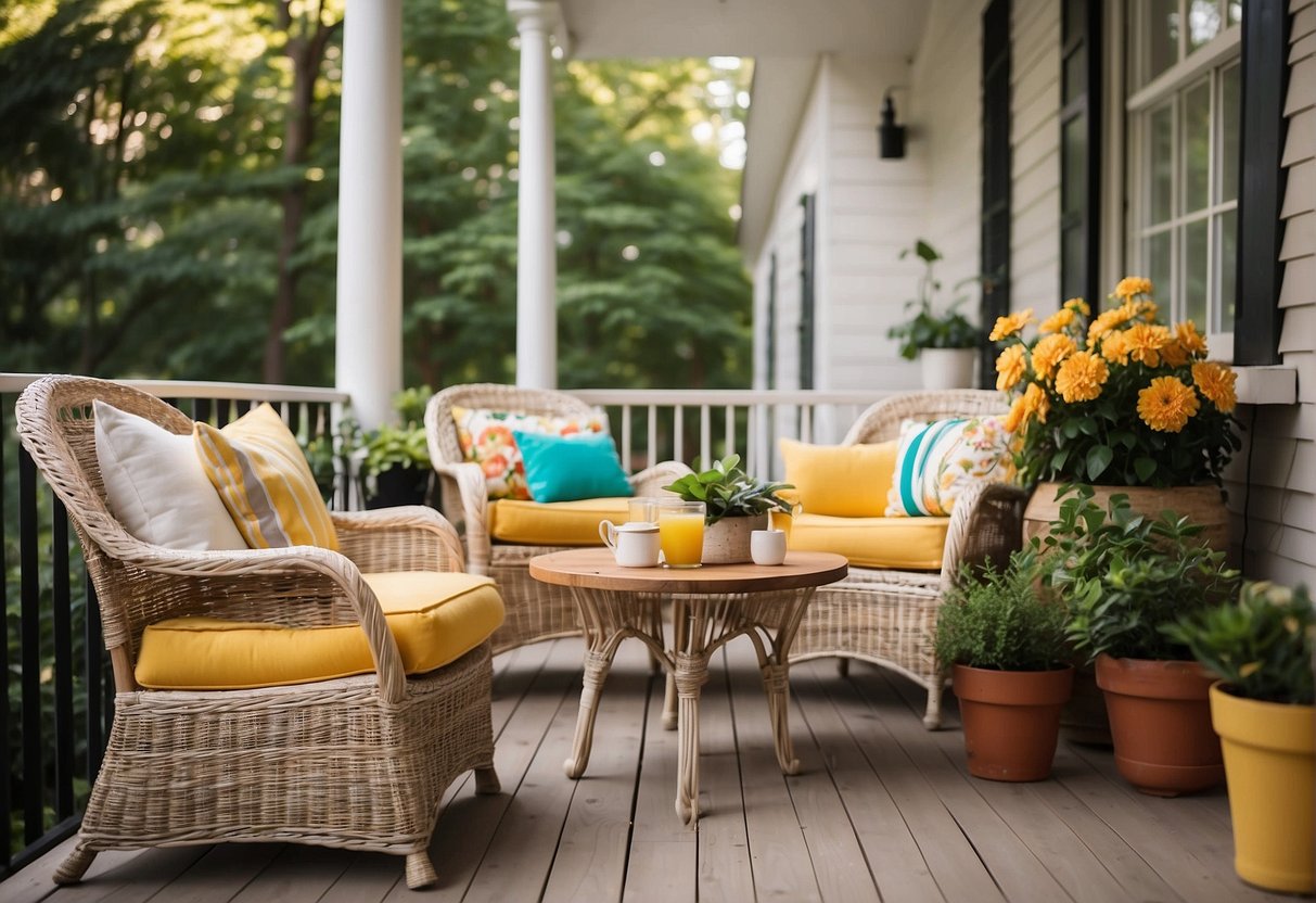 A cozy front porch with wicker chairs, a wooden bench, and colorful throw pillows. A small side table holds potted plants and a pitcher of lemonade