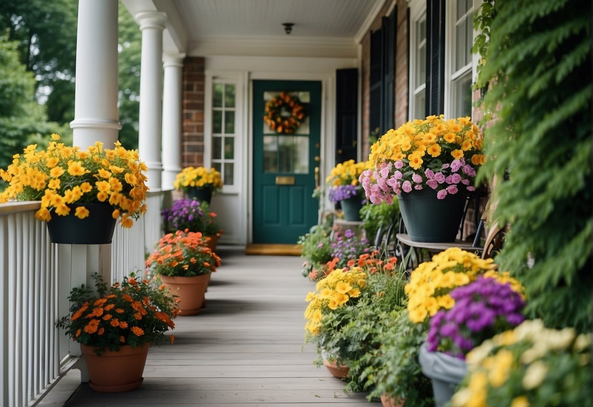 A front porch adorned with vibrant summer floral and plant decorations. Overflowing hanging baskets, potted flowers, and lush greenery create a welcoming and colorful entrance