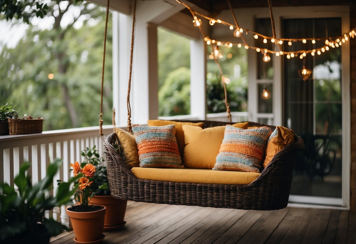 A cozy front porch adorned with colorful cushions, potted plants, and string lights. A wicker swing and a small table with refreshing drinks complete the tranquil setting