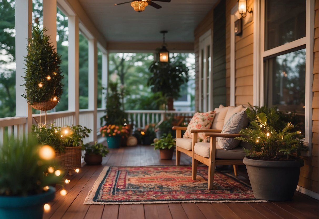 A front porch adorned with vibrant potted plants, colorful outdoor rugs, and cozy seating arrangements. A string of twinkling lights adds a warm ambiance to the space