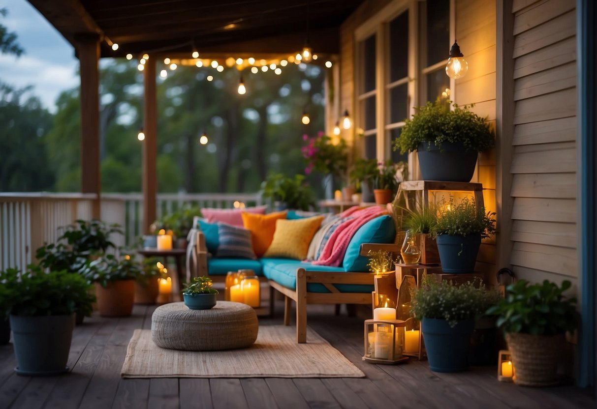 A porch adorned with vibrant potted plants, cozy seating, and colorful throw pillows. A string of twinkling lights adds a warm and inviting glow to the space