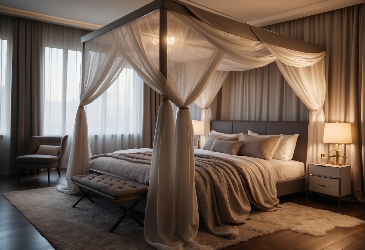 A luxurious canopy bed with flowing drapes, soft pillows, and a cozy throw blanket. The bed is surrounded by elegant decor and soft lighting