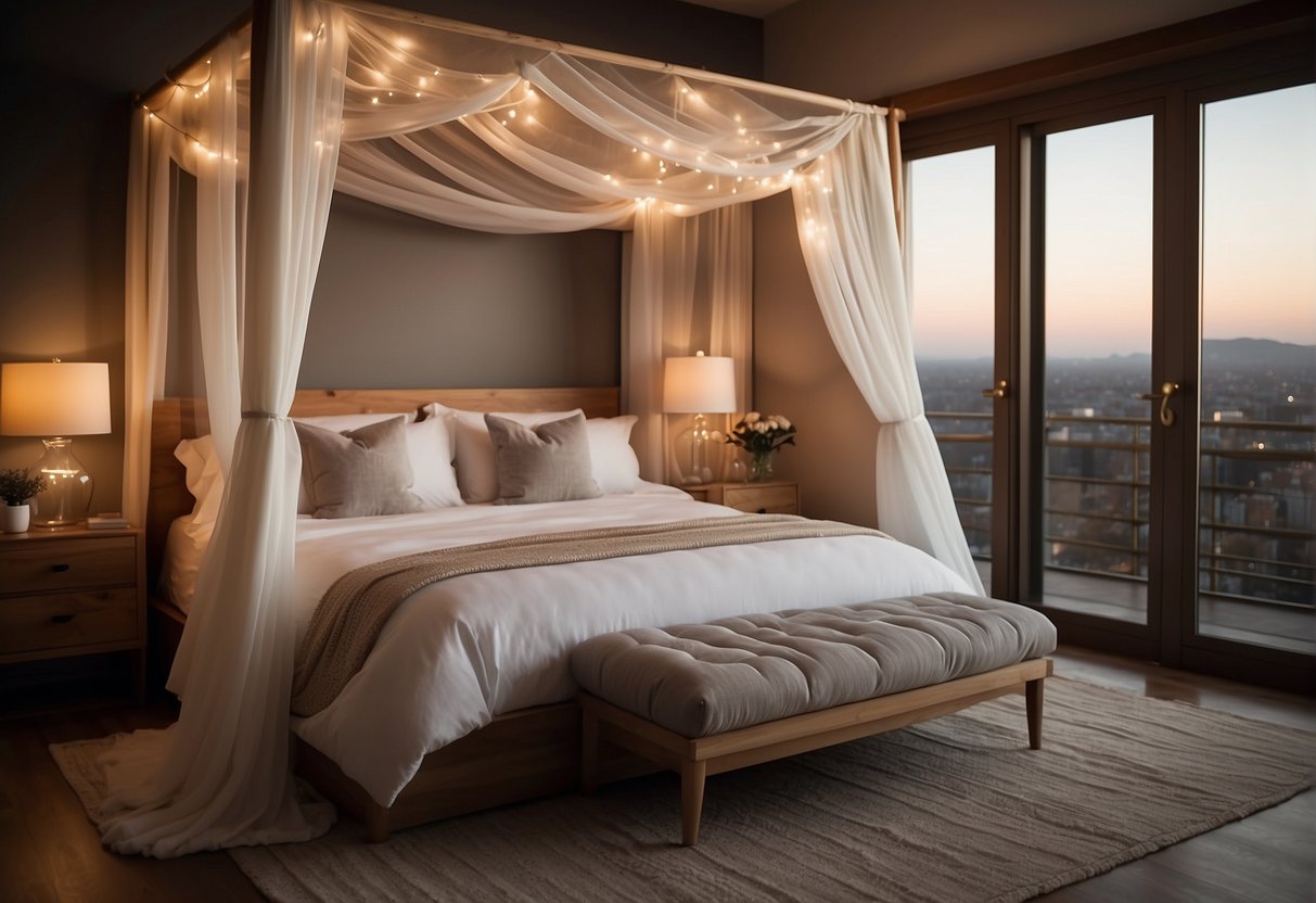 A bedroom with a simple, elegant canopy bed made from wooden poles and sheer white fabric. The bed is surrounded by soft, cozy lighting and decorated with plush pillows and blankets