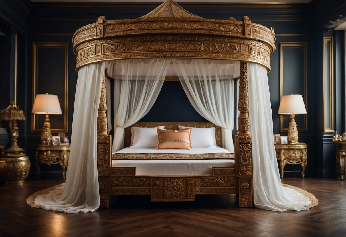 A grand, ornate canopy bed adorned with intricate carvings and luxurious fabrics, reflecting cultural and historical influences