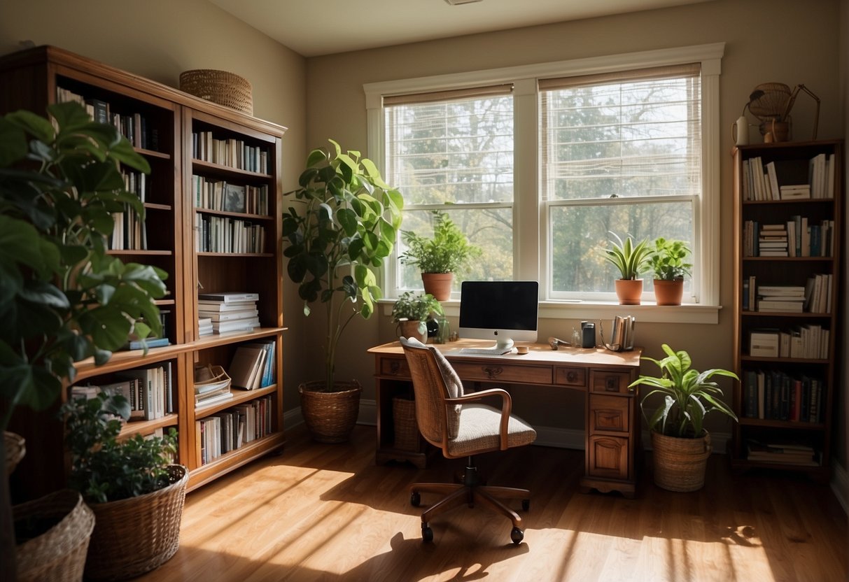 A cozy home office with a large desk, ergonomic chair, bookshelves, and natural light streaming in from a window. A computer, lamp, and plants add warmth and functionality to the space