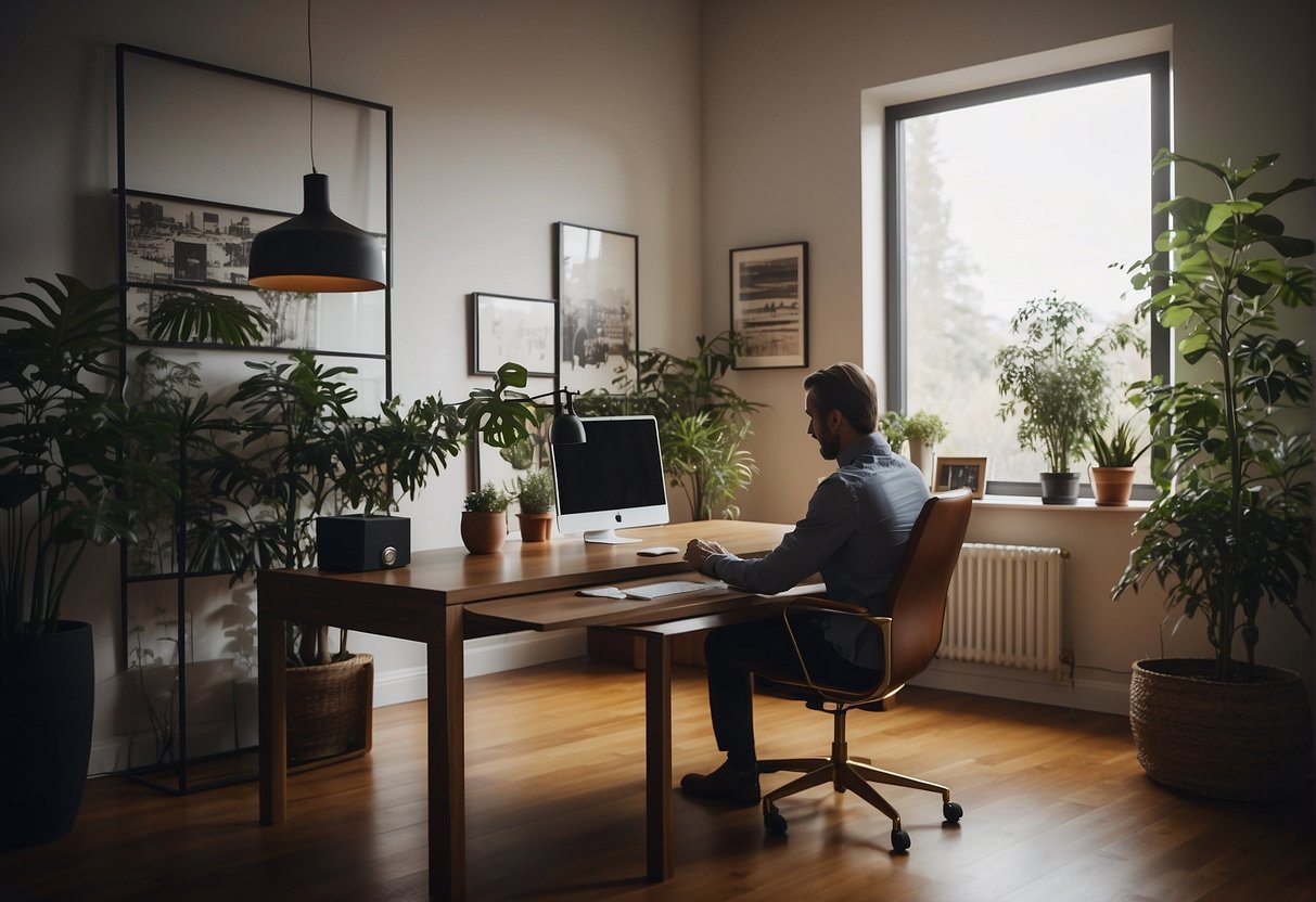 A person is carefully choosing a sleek, modern desk from a variety of options in a well-lit home office space