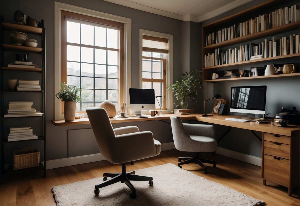 A cozy home office with a plush chair, a sleek ergonomic desk, and a soft rug. A large window lets in natural light, and a small side table holds a warm cup of coffee