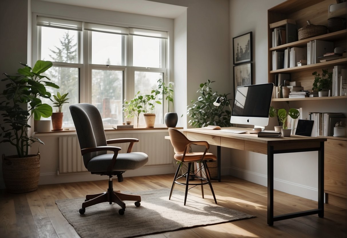 A cozy home office with a modern desk, ergonomic chair, and stylish decor. Natural light streams in through large windows, illuminating the space