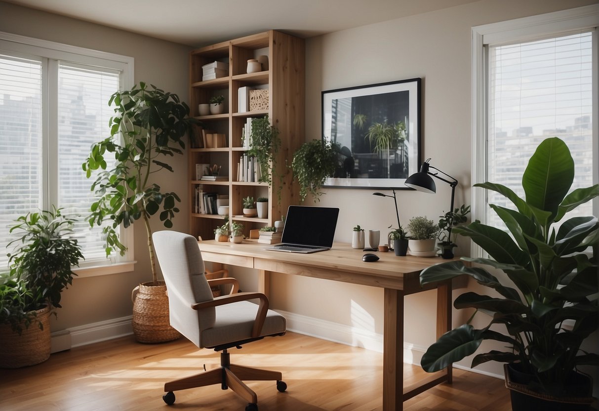 A cozy home office with a large desk, ergonomic chair, natural lighting, and organized shelves. A plant and motivational artwork add a personal touch