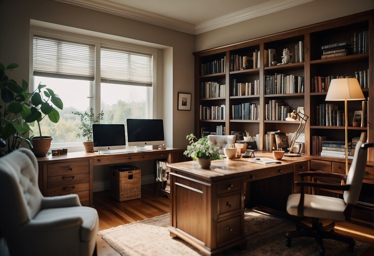 A cozy home office with a large desk, comfortable chair, bookshelves, and natural light streaming in through a window