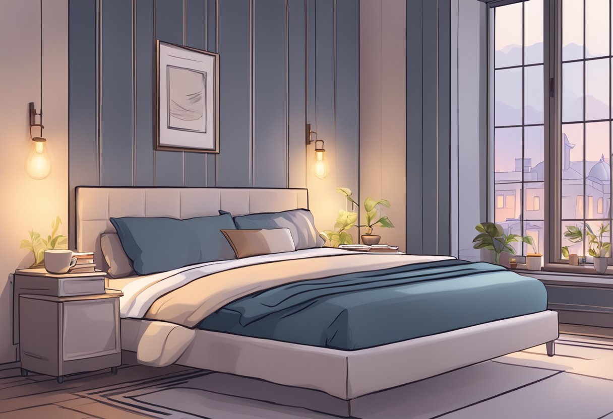 A serene bedroom with a cozy bed, soft pillows, and dim lighting. A book about sleep and a warm cup of tea sit on the nightstand