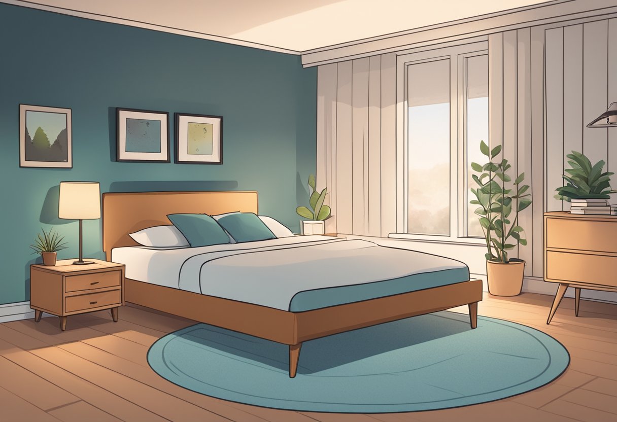 A cozy bedroom with dim lighting, a comfortable bed, and a calming color scheme. A clock on the nightstand shows the time. A book on sleep quality sits nearby