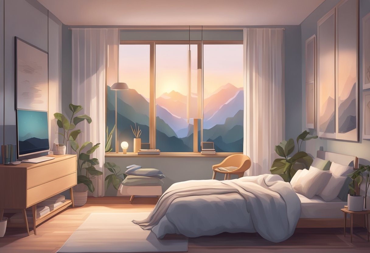 A cozy bedroom with dim lighting, a comfortable bed with soft, breathable linens, and a calming color scheme. A white noise machine hums softly in the background, creating a peaceful atmosphere for restful sleep