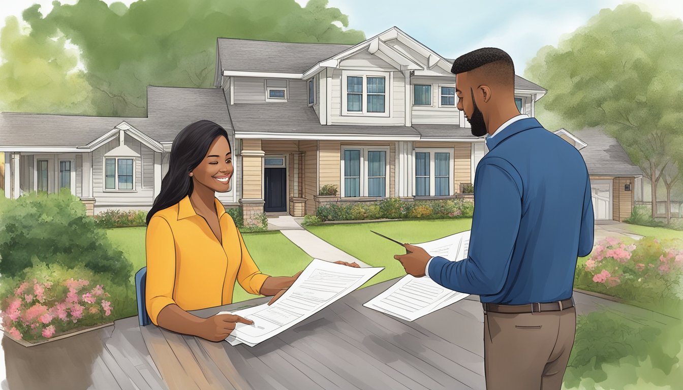 A real estate agent shows a couple houses in West Houston, discussing features and signing paperwork