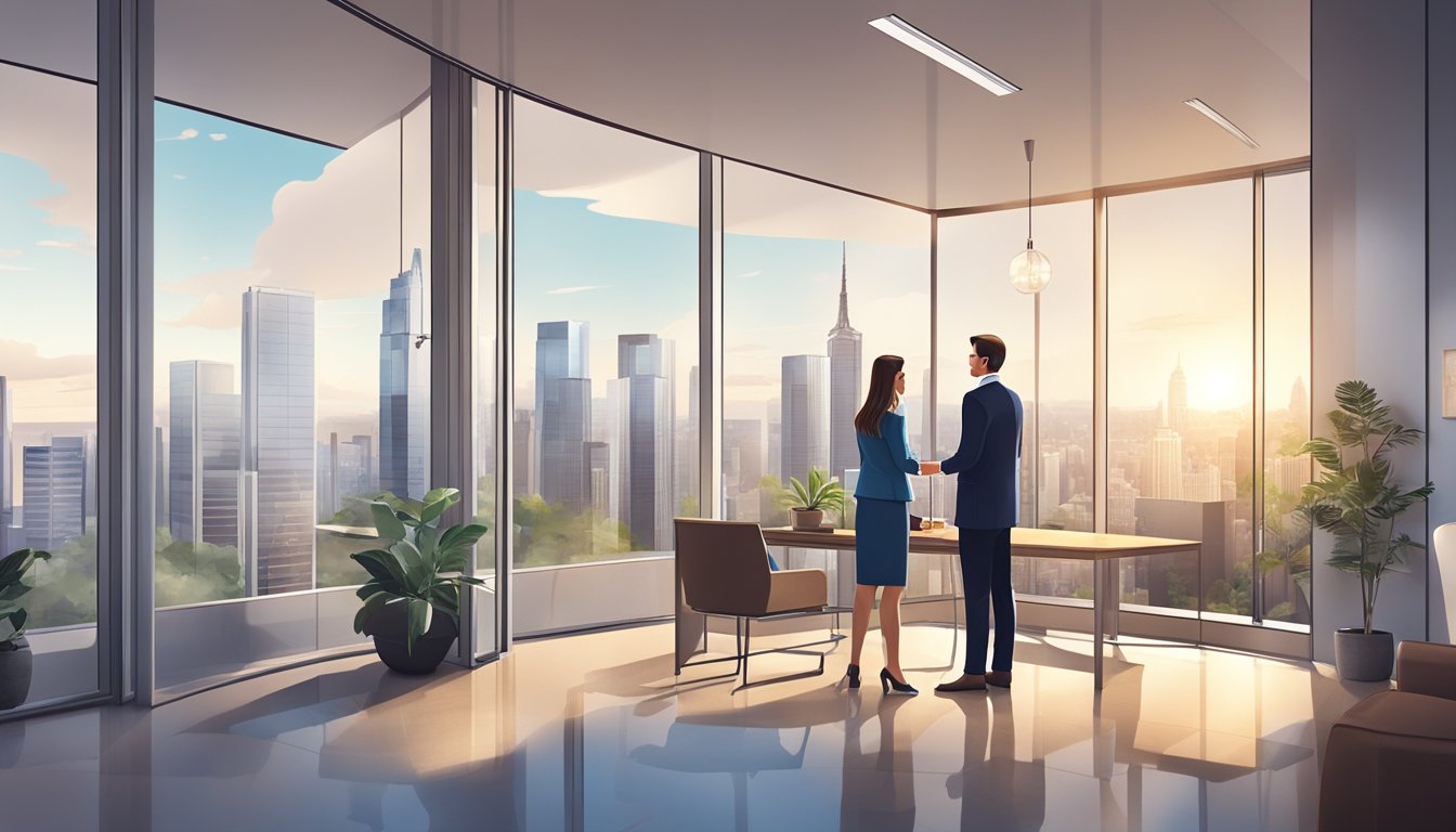 A real estate agent guides a client through the sale process in a modern office with large windows and a view of the city skyline