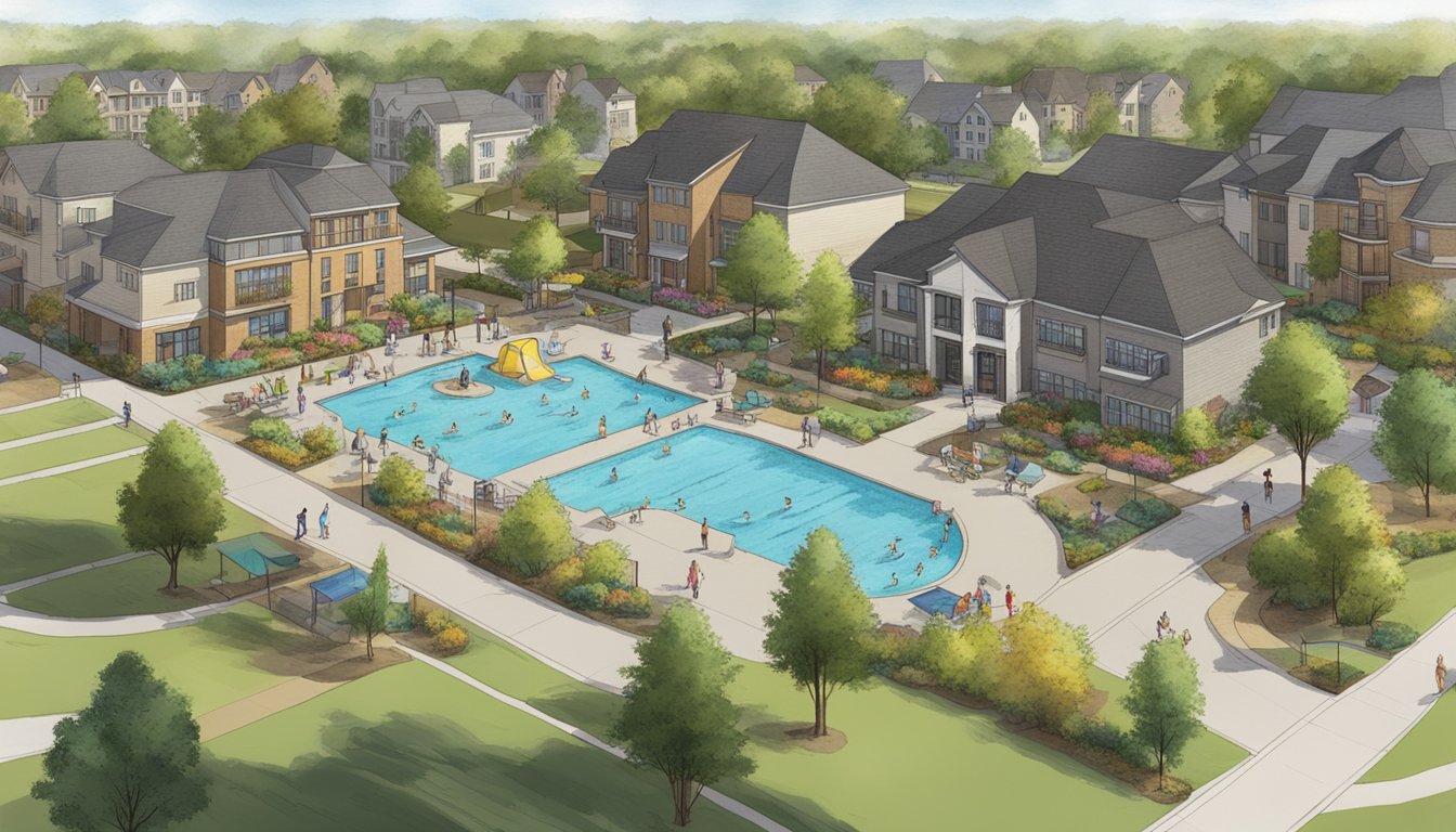 A bustling neighborhood in Elyson with families enjoying the community pool, playground, and walking trails. In Bridgeland, residents gather at the town center for events and outdoor activities