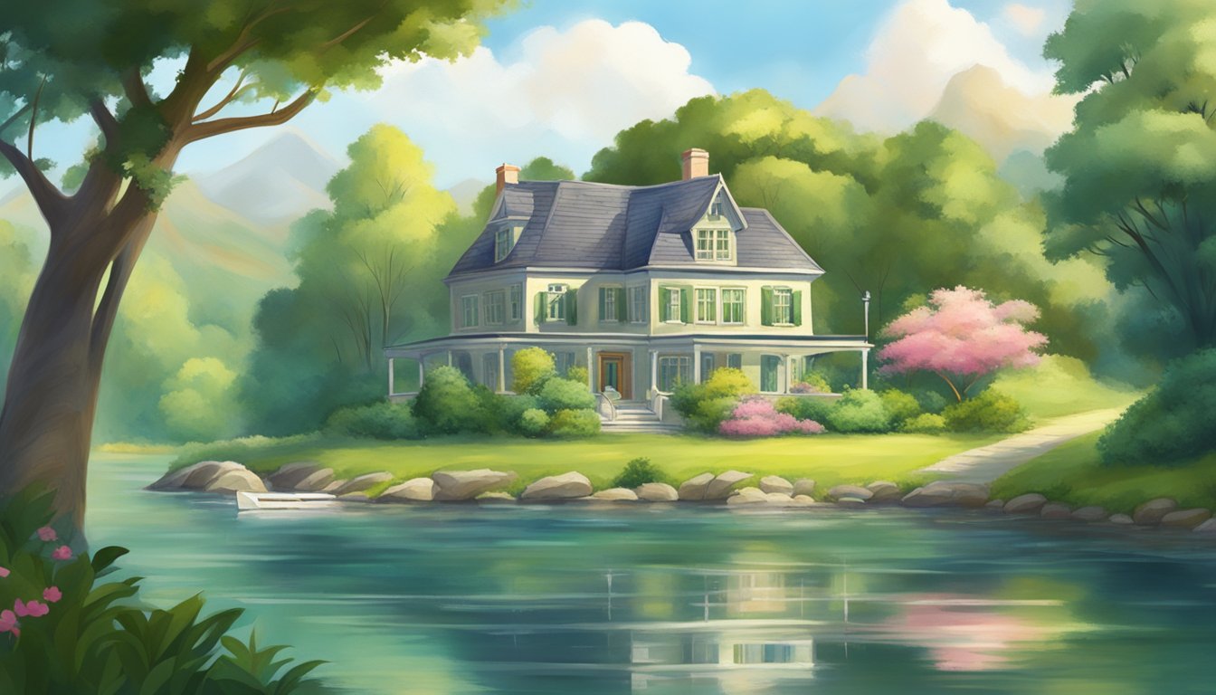 A tranquil lake surrounded by lush greenery, with a charming house nestled in the background