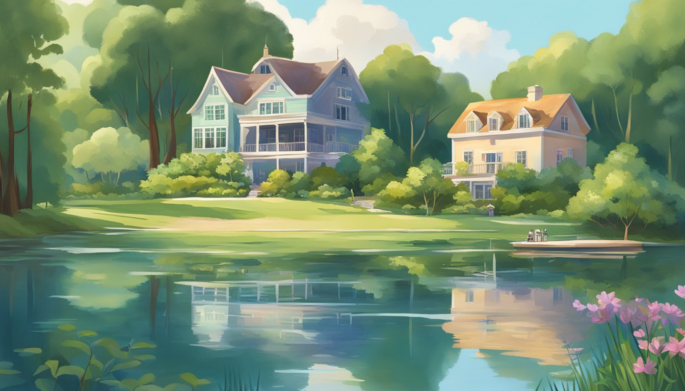 A serene lake surrounded by lush greenery, with a "For Sale" sign on the shore, and a charming house in the background