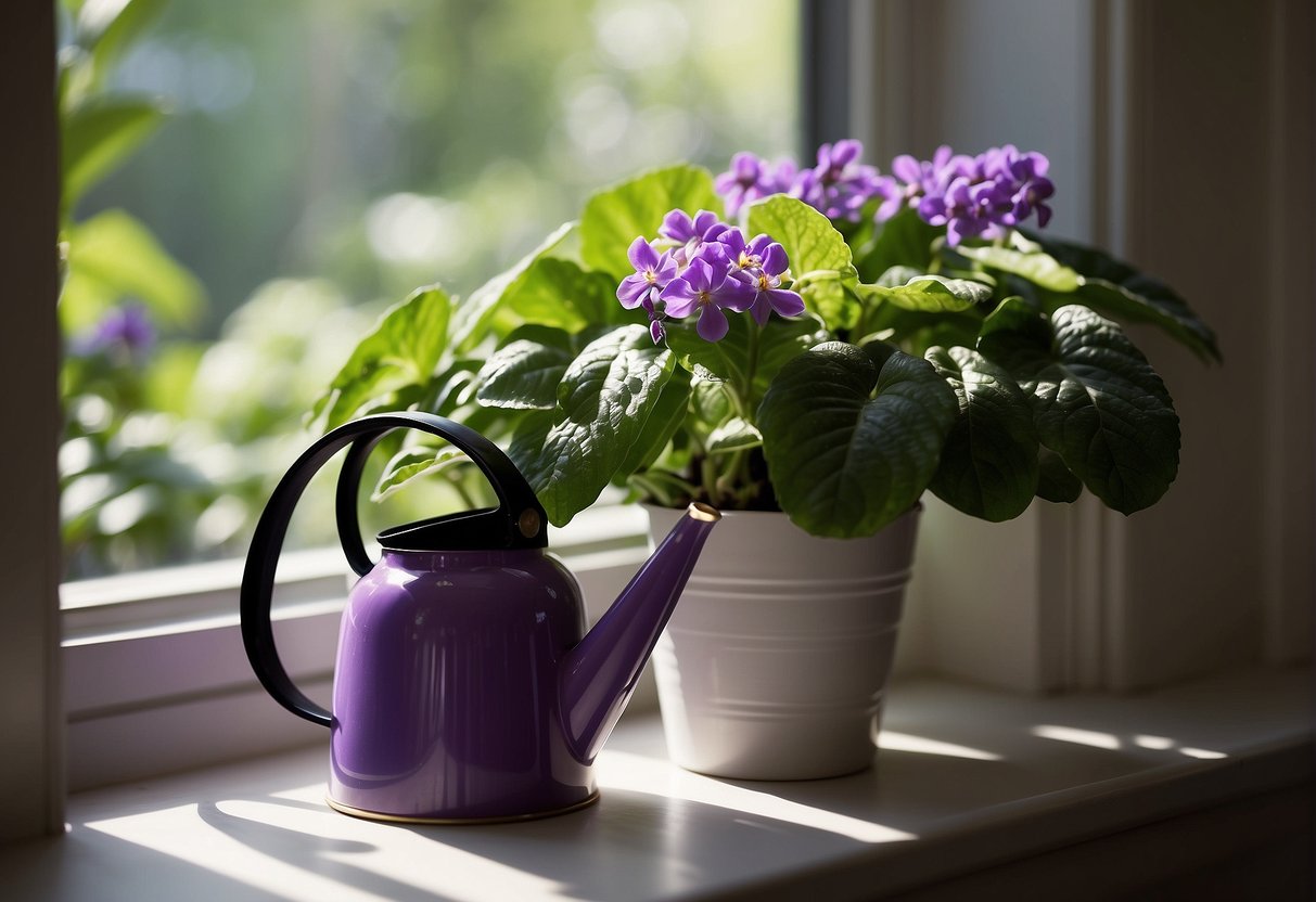 Lush green leaves surround delicate purple blooms, nestled in a dappled sunlight-filled window. A small watering can sits nearby, ready to tend to the African violets