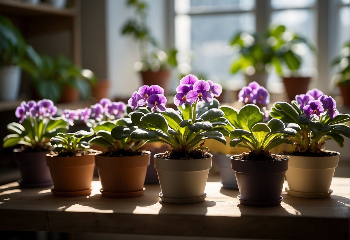 African violets being potted and cared for in a sunny, well-lit room with a variety of pot sizes and soil mixtures