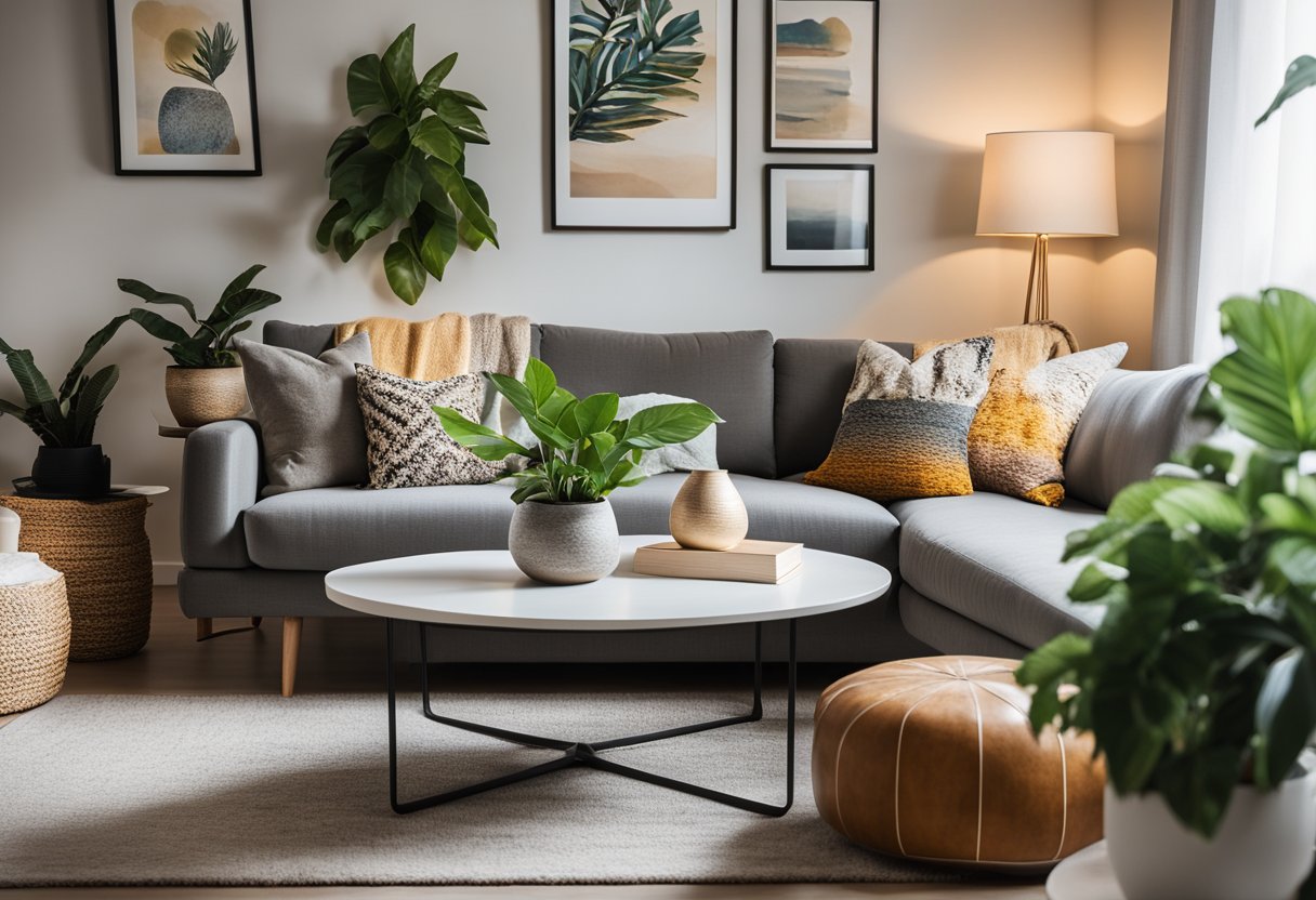 A cozy living room with colorful throw pillows on a comfortable sofa, a stylish rug, and a gallery wall of framed artwork. A plant sits on a side table, and soft lighting creates a warm ambiance