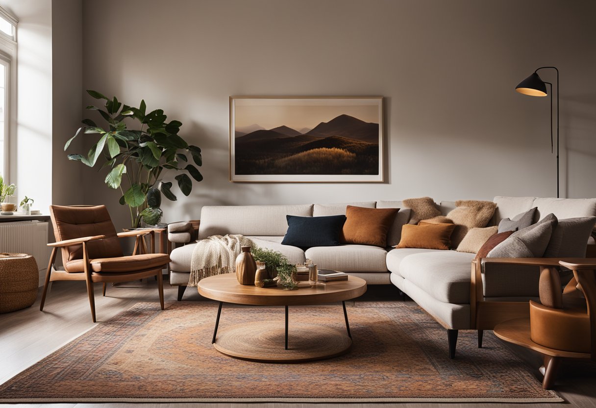 A cozy living room with warm, earthy tones and soft, inviting furniture. A large, vibrant rug anchors the space, while natural light floods in through the open windows, illuminating the room