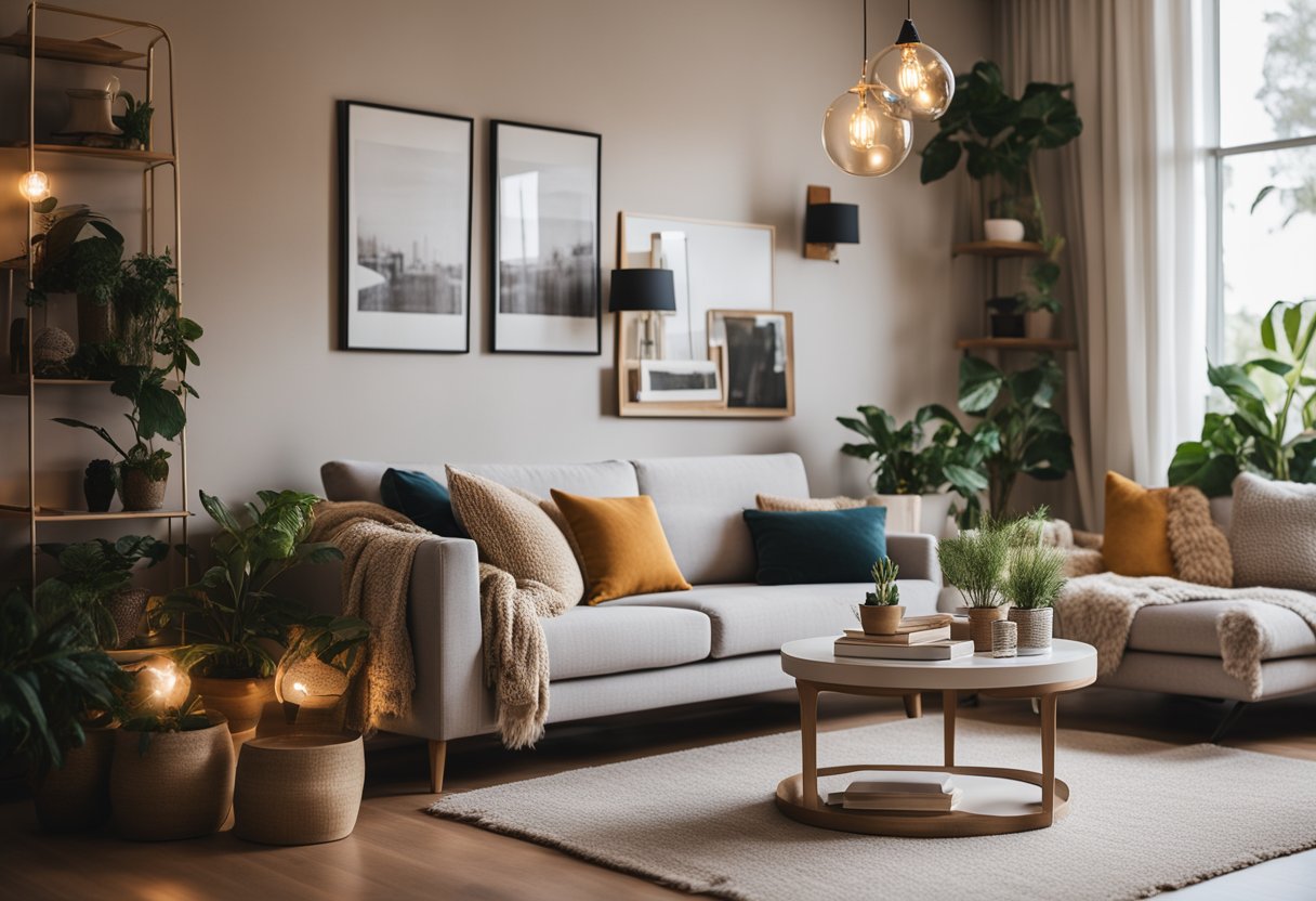 A cozy living room with a plush rug, potted plants, and stylish throw pillows on a comfortable sofa. A decorative wall shelf displays art and books, while a statement lamp illuminates the space