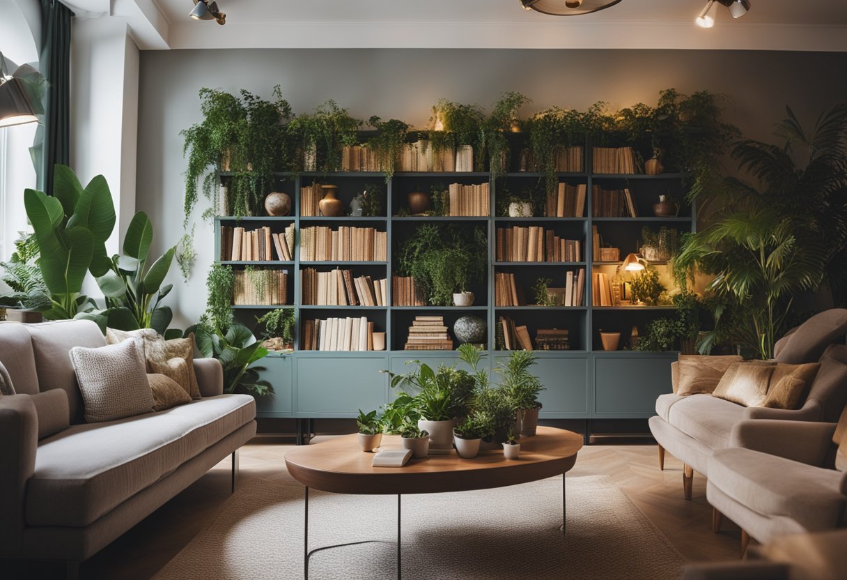 A cozy living room with a plush sofa, warm lighting, and decorative accents. A bookshelf filled with plants and books adds a touch of greenery and sophistication