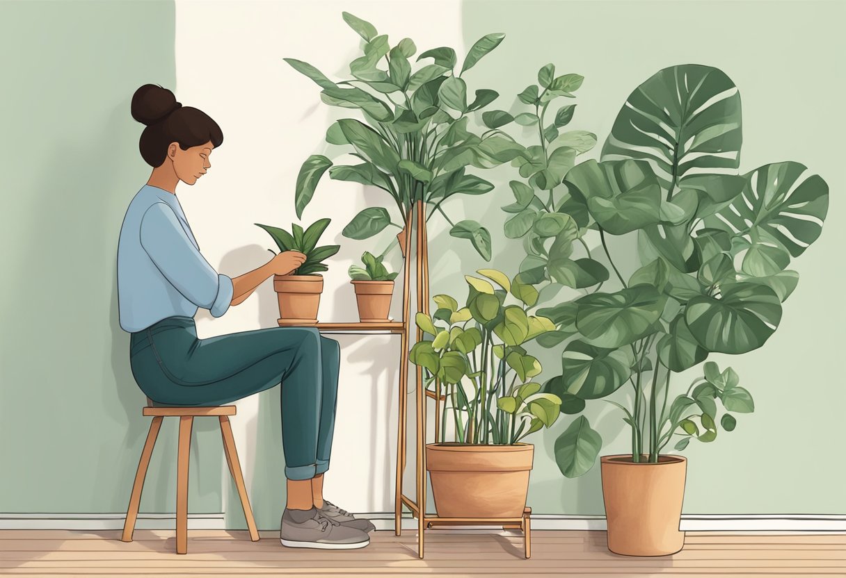 A person placing a potted plant on a handmade decorative plant stand