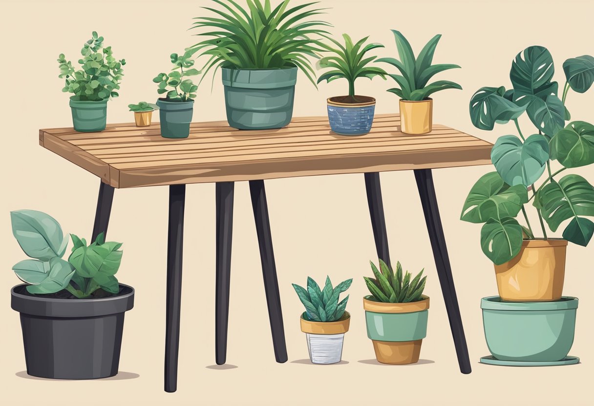 A table with various materials for a DIY plant stand: wood, screws, drill, and potted plants