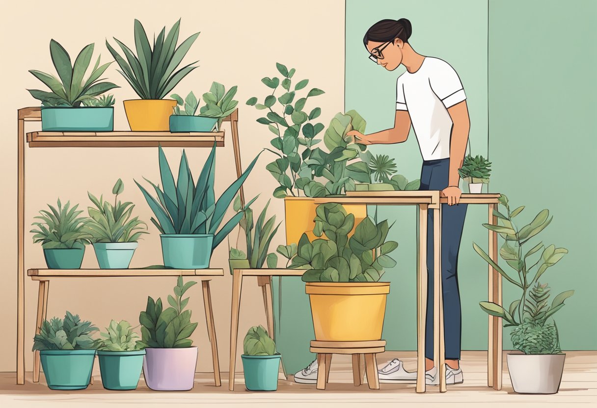 A person constructs a decorative plant stand from a DIY kit, adding personal touches and creative elements to make it unique
