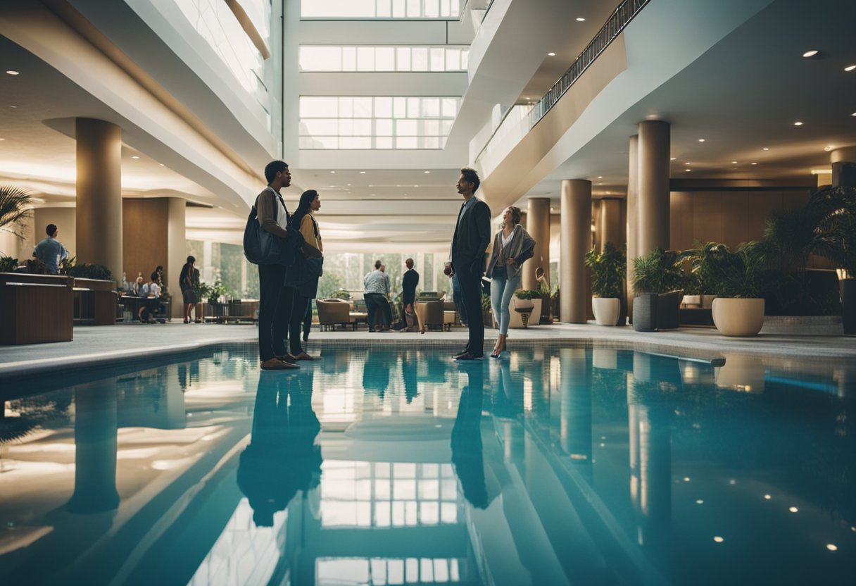 A group of people in a public setting, such as a hotel lobby or a community pool, showing symptoms of Legionnaires' disease